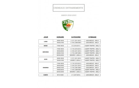 Horaires d'entrainements